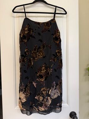 Floral Velvet Appliqué Slip Dress - Black with Brown Roses